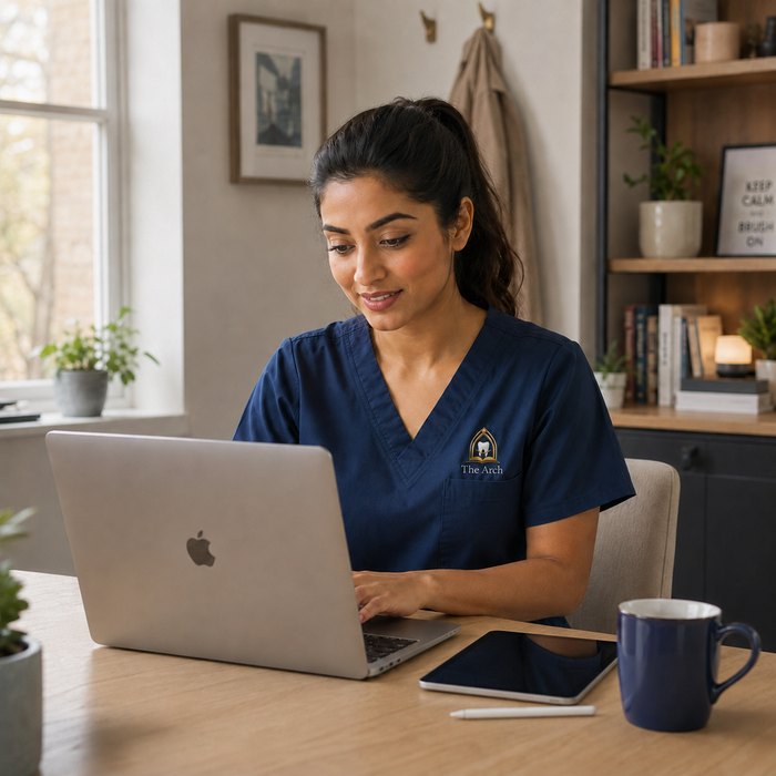 A dentist revising on a laptop at home