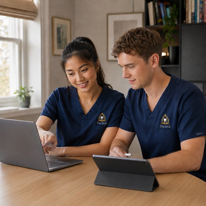 Two dentists going through the portal together