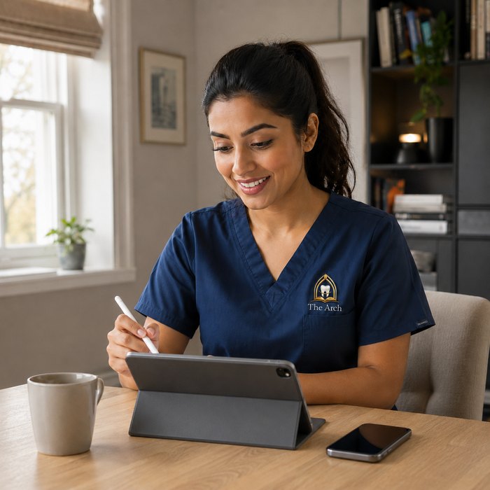 A dentist reading the LDS revision guide on a tablet